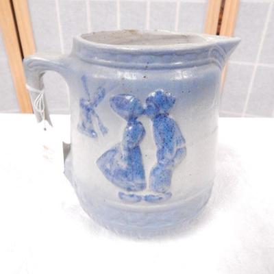 Blue & Cream Stoneware Pitcher - Dutch Scene 7" Tall