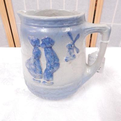 Blue & Cream Stoneware Pitcher - Dutch Scene 7" Tall
