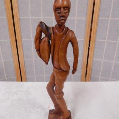 Wooden Sculpture - Man Carrying Fruit - 158-1/2" Tall 