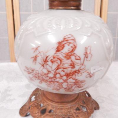 Antique Kerosene Oil Lamp - White Glass w/ Brown Painted Girl w/ Flowers