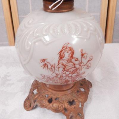 Antique Kerosene Oil Lamp - White Glass w/ Brown Painted Girl w/ Flowers