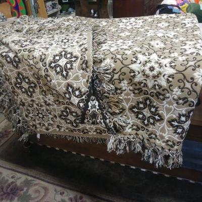 Full Size Tan Woven Comforter With Brown Scrolling and Fringe