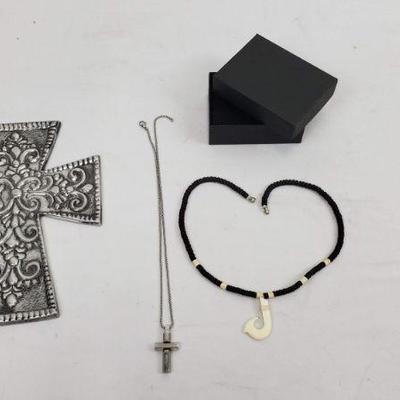 Cross Wall Hanging, Cross Necklace & Puka Shell Necklace