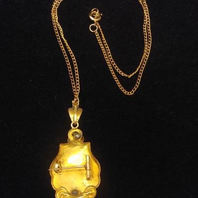 Victorian Gold Brooch Necklace with Center Ruby 2"L x 1"W w/ 18" Chain