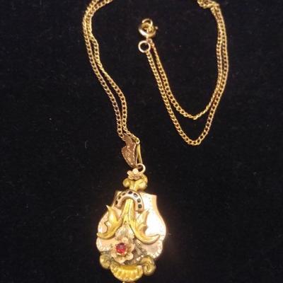 Victorian Gold Brooch Necklace with Center Ruby 2"L x 1"W w/ 18" Chain