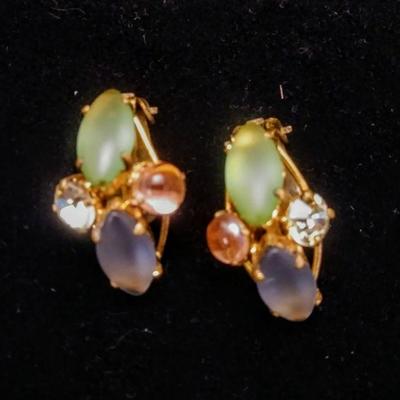 Vintage Green, Blue, Pink, White Clip on Earrings 1"L
