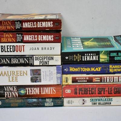 12 Paperback Books: 7 Suspense & 5 Mystery: Angels & Demons -to- Skinwalkers
