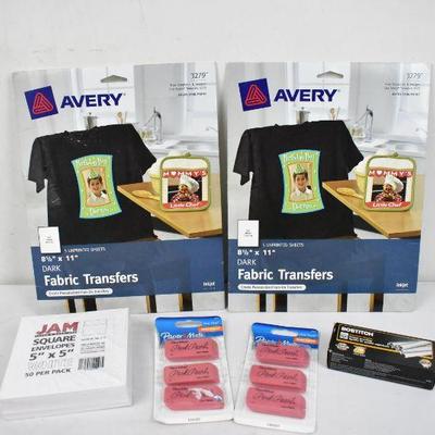 6 Piece Office/School Lot: Fabric Transfers, Erasers, Envelopes, & Staples - New