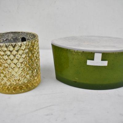 2 Candles in Glass Jars: Gold Holiday Cookie & Green Evergreen - New