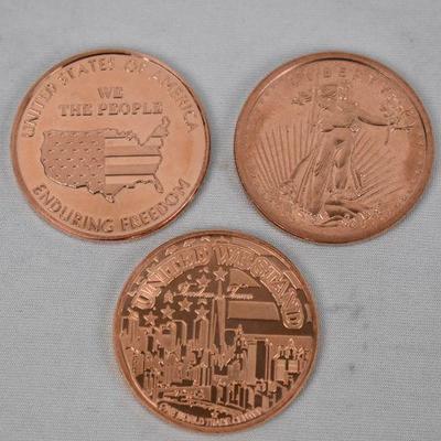 3 0.999 Fine Copper Coins: Enduring Freedom, Liberty Statue, Twin Towers - New