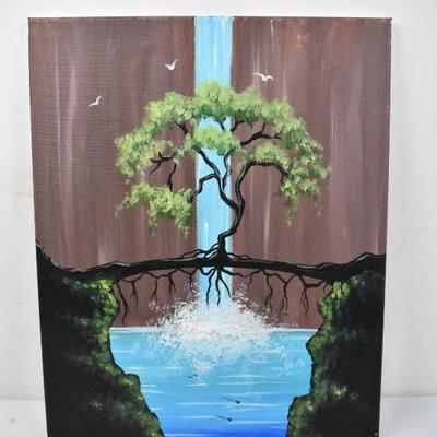 Tree, Bridge, & Waterfall Hand Painted Canvas 16" x 20" "Bonsai Bridge"
