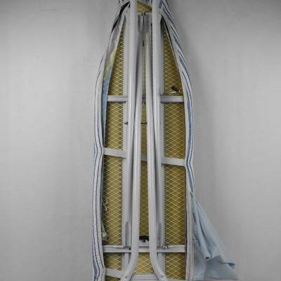 White Ironing Board with Blue/White Striped Cover