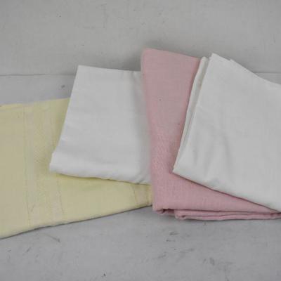 4 Piece Tablecloths: 2 White, 1 Cream, and 1 Pink