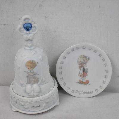 Precious Moments "March" Bell with Stand/Holder & September Mini Plate