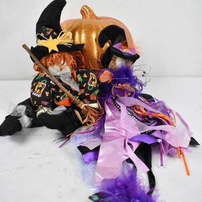 3 Piece Halloween Decor: 1 Sparkly Orange Pumpkin & 2 Witches