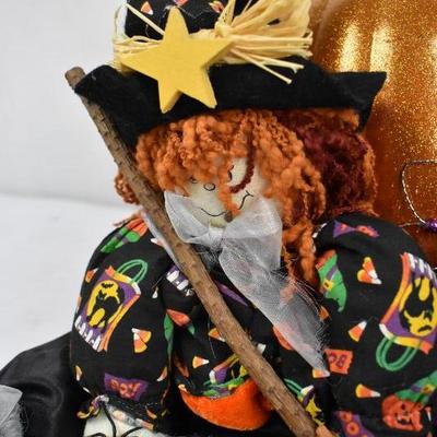 3 Piece Halloween Decor: 1 Sparkly Orange Pumpkin & 2 Witches