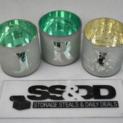 3 Glass Decor Pieces (Vases/Candle Holders?) Green R Gold J & Green J - New