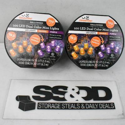 Two Packs of 100 LED Dual Color Mini Lights, Orange and Purple - New