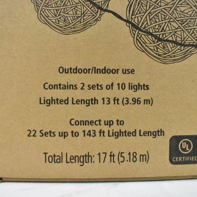 20 Count Wicker Rattan Ball String Lights, for Outdoor or Indoor Use, BH&G - New