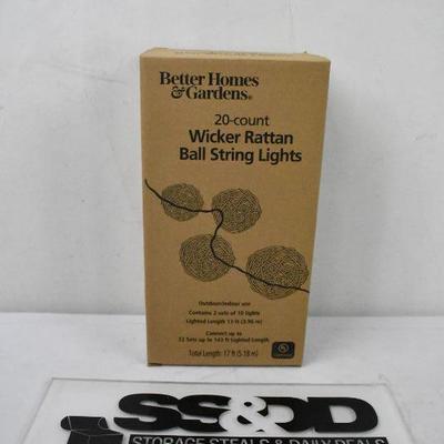 20 Count Wicker Rattan Ball String Lights, for Outdoor or Indoor Use, BH&G - New