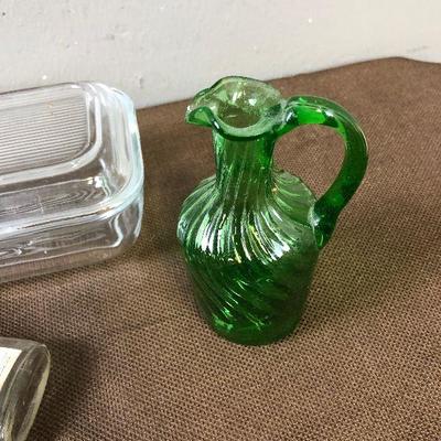 Lot #87 Glass Refrige. Container with lid, vase, insulators 