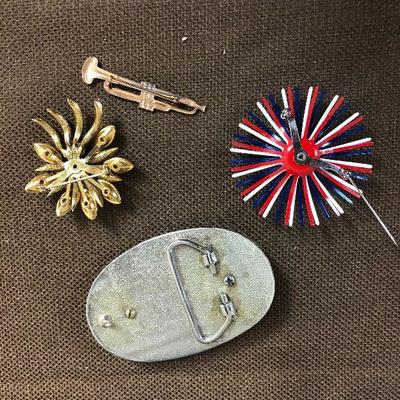 Lot # 164 Belt Buckle & 3 Pins: Trumpet and 2 flowers