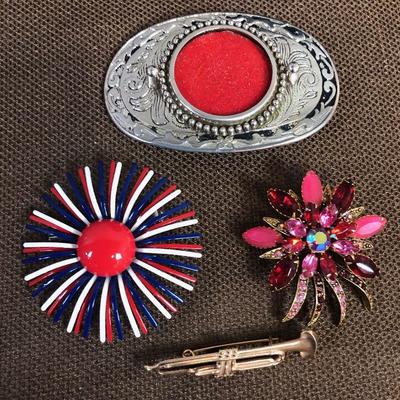 Lot # 164 Belt Buckle & 3 Pins: Trumpet and 2 flowers
