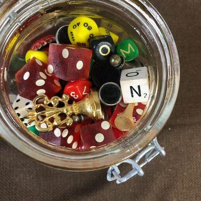 Lot # 172 Lucky Charm Jar of dice and game pieces