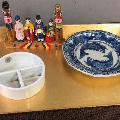 Lot # 175 Gold Tray with Asian Figurines and dishes