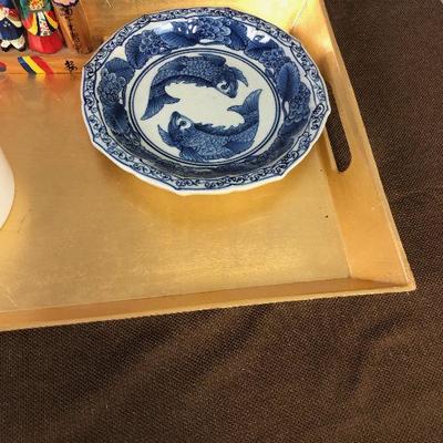Lot # 175 Gold Tray with Asian Figurines and dishes