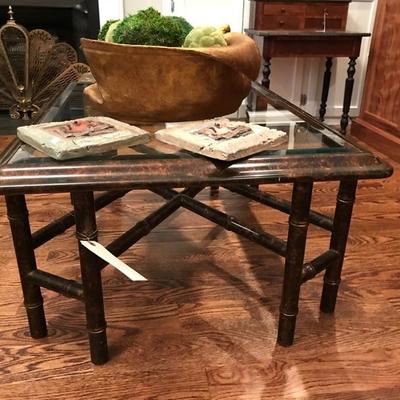 Lacquered bamboo glass top coffee table $375