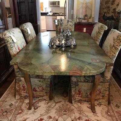 Dining table Tromp L'oeil $550
30H X 7'4"L X 46" W
Upholstered chair $80
6 available, 6 for $400