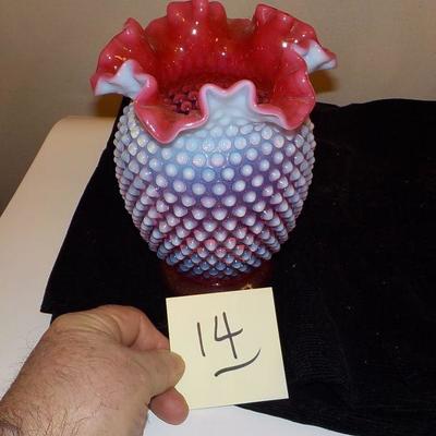 Pink Hobnail Glass Vase.