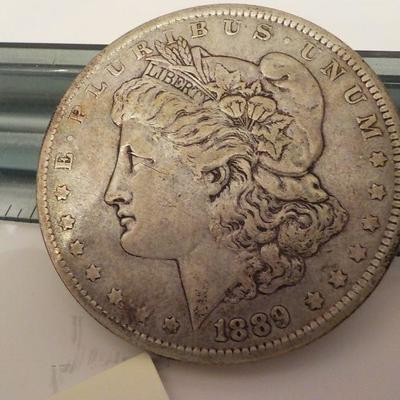 1889 Morgan silver dollar.
