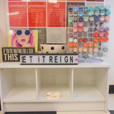 Lot 122 - White Cubby Cabinet with Rotating Paint Rack, Paints, Ceramic Bowl & Signs 