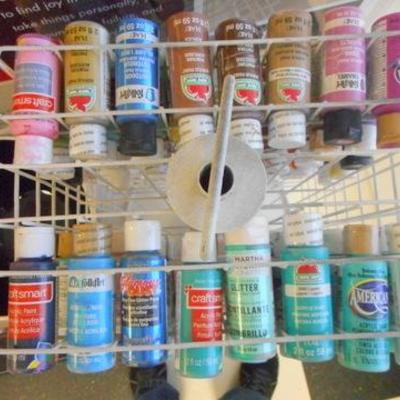Lot 122 - White Cubby Cabinet with Rotating Paint Rack, Paints, Ceramic Bowl & Signs 