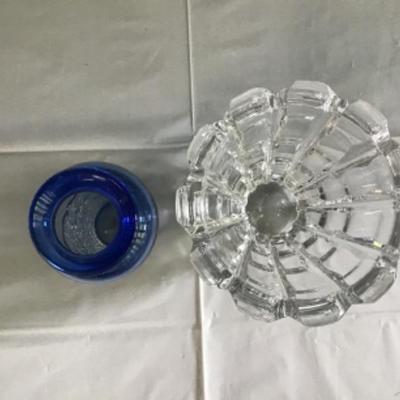 F-111 (2) Vases Hand Blown Blue Glass Crackle & Orrefors Crystal