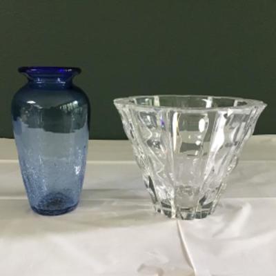 F-111 (2) Vases Hand Blown Blue Glass Crackle & Orrefors Crystal