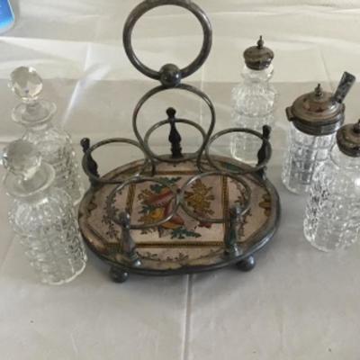 L-121 Cruet set/ condiment set,Silver plate, glass bottle, porcelain vase