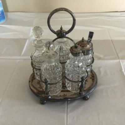 L-121 Cruet set/ condiment set,Silver plate, glass bottle, porcelain vase