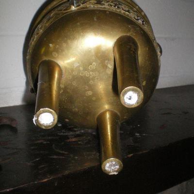 Pair of Vintage Asian Brass Candlesticks and Pot