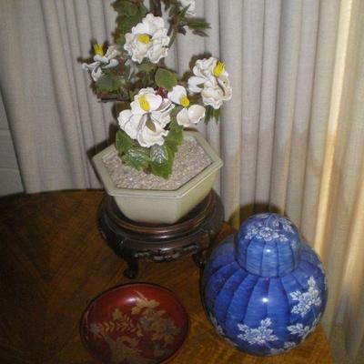 Vintage Jade Tree, Covered Asian Pot, Lacquer Bowl