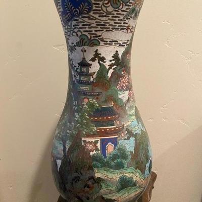 Signed Cloisonne Asian 17-3/4" Tall Vase