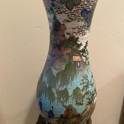 Signed Cloisonne Asian 17-3/4" Tall Vase