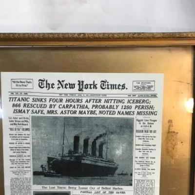 Framed copy of New York Times Newspaper about Titanic Sinking