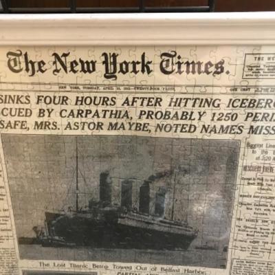 Framed completed jigsaw puzzle of New York Times Titanic Sinking Headline