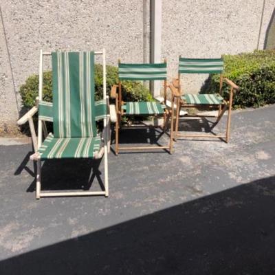 3 Vintage folding wood beach chairs with green striped camping Hollywood