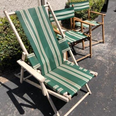 3 Vintage folding wood beach chairs with green striped camping Hollywood