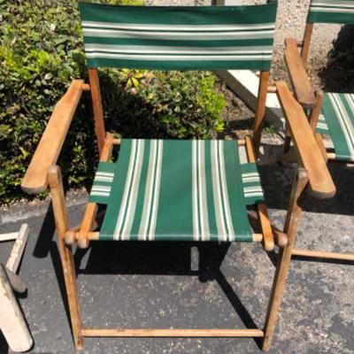 3 Vintage folding wood beach chairs with green striped camping Hollywood