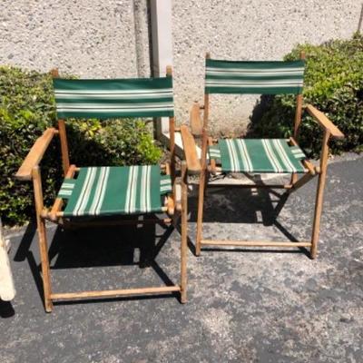 3 Vintage folding wood beach chairs with green striped camping Hollywood